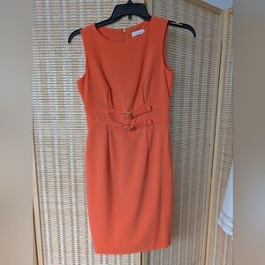 Calvin Klein Coral-Orange Sleeveless Sheath Dress with Double Buckle Waist